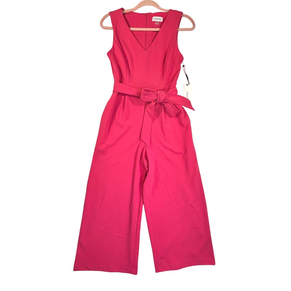 Calvin Klein Pink Sleeveless V-Neck Belted Wide Leg Jumpsuit CD3C12P2 Size 2